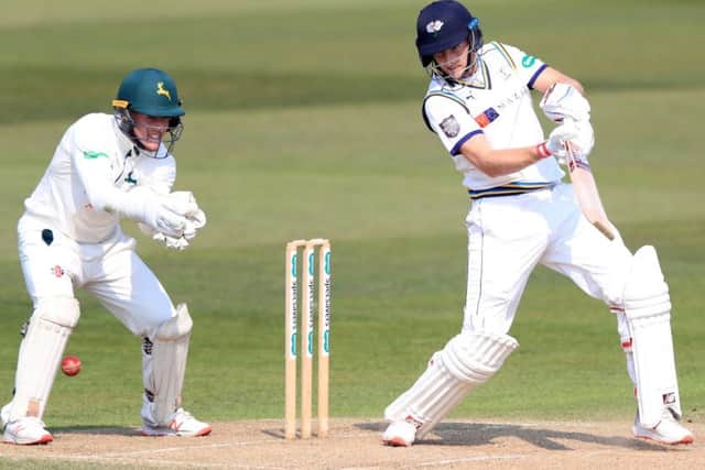 Yorkshire's Joe Root cuts through cover point on his way to a hundred at Trent Bridge. Picture: Simon Cooper/PA