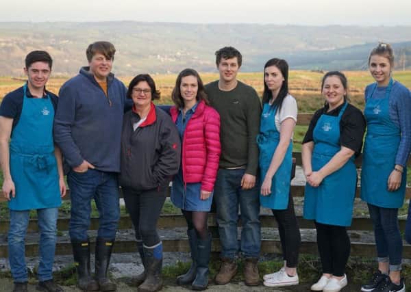 Toft Gate Farm in Pateley Bridge, run by Chris and Caroline Prince, is featured in Springtime on the Farm on Channel 5 this week. (Left to right) Steven McArdle, Chris Prince, Caroline Prince, Lindsay Chapman, Martin Prince, Ellie Cook, Anna Prince and Lucy Staveley. 

Picture: Daisybeck Studios.