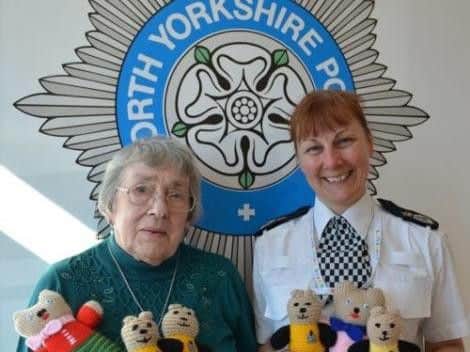 North Yorkshire Police Chief Constable Lisa Winward with Jean Simmons. The force are collecting knitted toys called 'Bobby Buddies' to take to distressing incidents that involve children. Picture: North Yorkshire Police