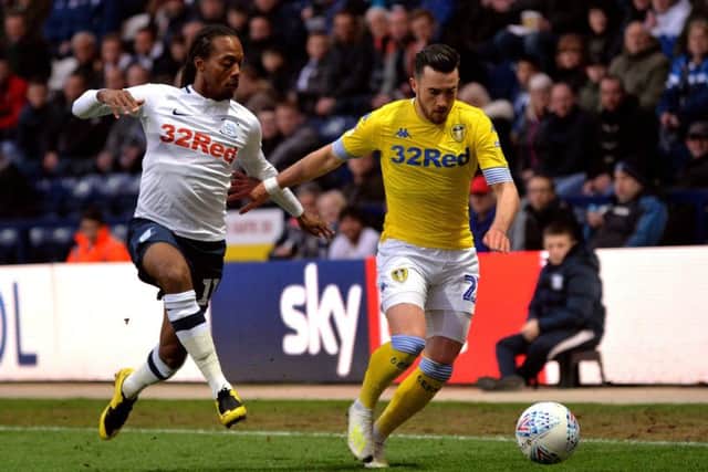 Daniel Johnson closes in on Jack Harrison at Deepdale. Picture: Bruce Rollinson