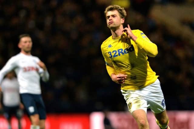 Patrick Bamford celebrates his first goal for Leeds against Preston at Deepdale last night. Picture: Bruce Rollinson
