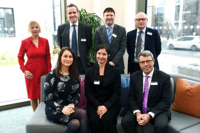 Back row from left - Amanda Beresford  (Shulmans), Oliver Chapman (Hatch Regeneris), Greg Wright (Yorkshire Post), Martin Farrington (Leeds City Council). Front row, Angela Barnicle (Leeds City Council), Tatiana Bosteels (Hermes) and James Dipple (chief executive of MEPC). 10th April 2019. Picture Jonathan Gawthorpe