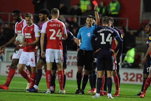 Aston Villa's Tyrone Mings, left, sent off by referee Madeley against Rotherham United. (Picture: Tony Johnson)