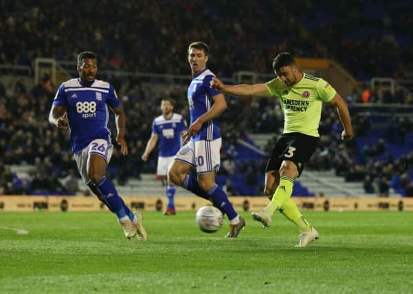 Sheffield United's Enda Stevens gives his side the lead against Birmingham City at St Andrews on Wednesday (Picture: James Wilson/Sportimage).
