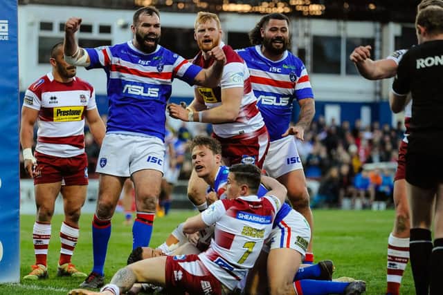 Wakefield's Jacob Miller thinks he's scored but it's ruled out for double-movement (PIC: JAMES HEATON)