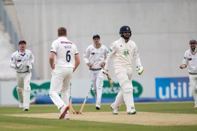 Rilee Roussow dismissed by Yorkshire's Matthew Waite