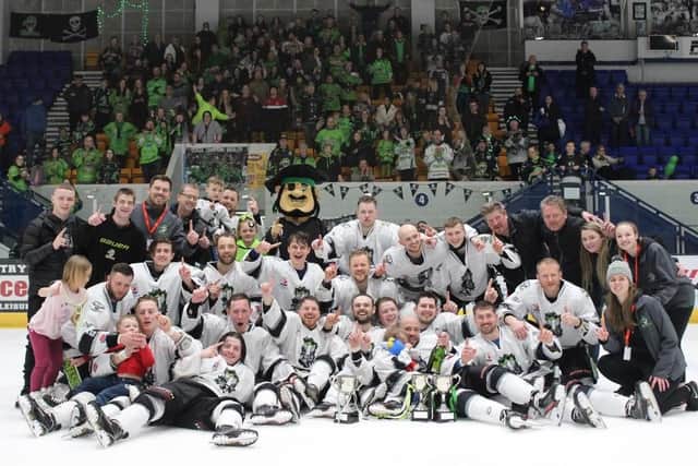 Hull Pirates celebrate their NIHL Play-off final win over Peterborough. Picture courtesy of Hull Pirates.