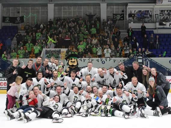 Hull Pirates celebrate their NIHL Play-off final win over Peterborough. Picture courtesy of Hull Pirates.