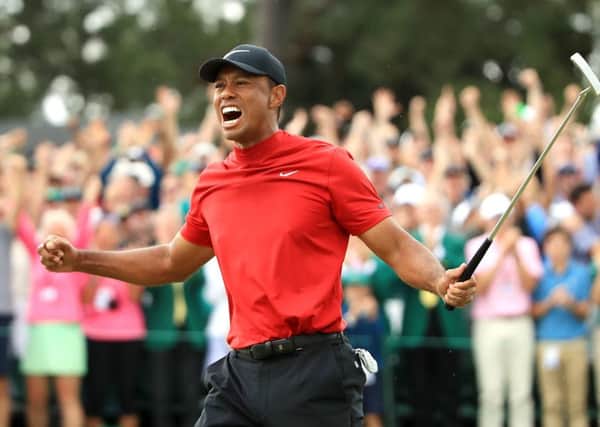 Tiger Woods of the United States celebrates after sinking his putt to win during the final round of the Masters at Augusta National Golf Club on April 14, 2019 in Augusta, Georgia. (Picture: Andrew Redington/Getty Images)