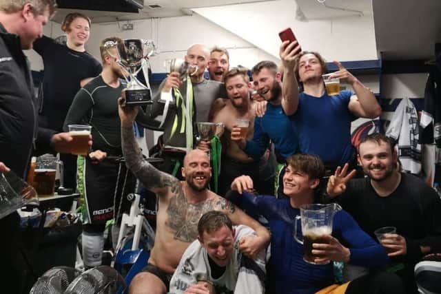 Hull Pirates' players celebrate in their locker room on Sunday night in Coventry. Picture courtesy of Hull Pirates/Jonathan Kirk.