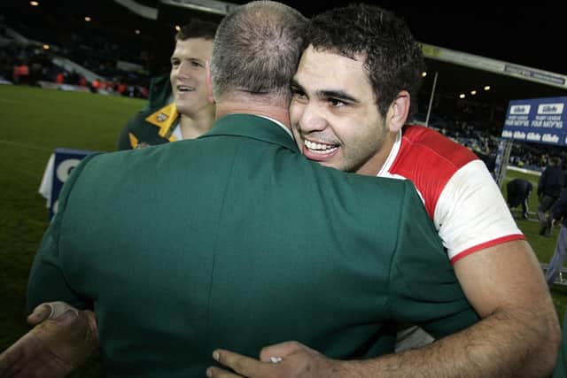 Greg Inglis hugs Australia boss Tim Sheens after the 2009 Four Nations final win over England at Elland Road. (SWPix)
