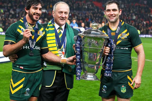 Australia boss Tim Sheens with Johnathan Thurston and Cameron Smith after 2013 World Cup final win. (SWPix)