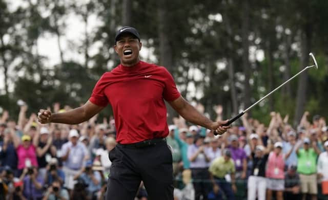 Tiger Woods reacts as he wins the Masters golf tournament . (AP Photo/David J. Phillip)