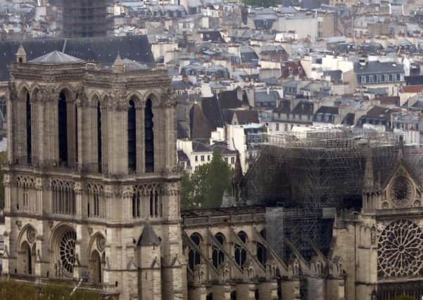 An aerial picture of the fire-ravaged Notre Dame cathedral.