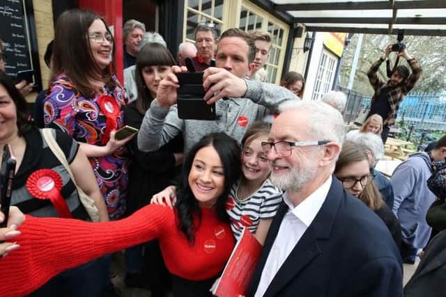 Rosa Gatta and daughter Millie Sordillo has a picture taken with Labour leader Jeremy Corbyn after he spoke to party members in the Red Lion, Winsford while on the local election campaign trail.