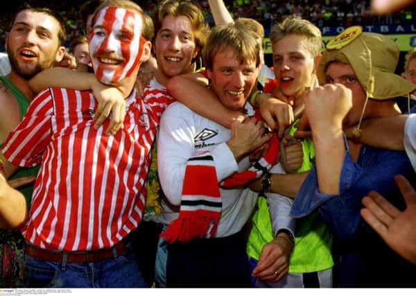 Dave Bassett, then Sheffield United manager celebrates with fans after winning promotion in 1990. Picture: Action Images / Darren Walsh FILM