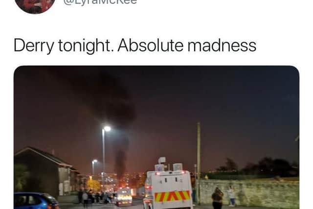A screengrab taken of the final tweet posted by 29-year-old journalist Lyra McKee before she was shot and killed when guns were fired and petrol bombs were thrown in what police are treating as a "terrorist incident".
