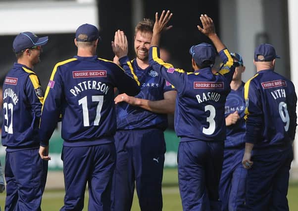 Five-wicket haul: Yorkshire's  Mathew Pillans celebrates bowling Leicestershire's Colin Ackermann.