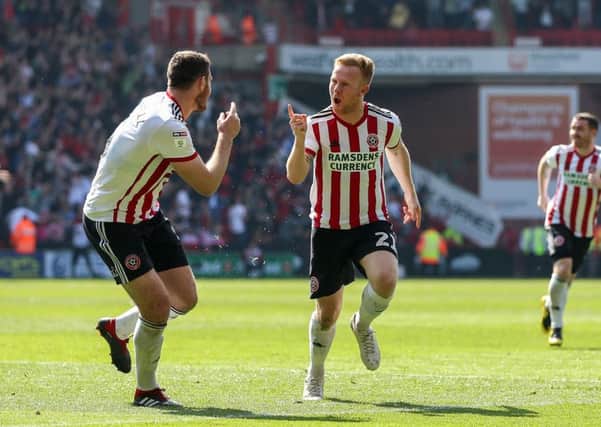 Mark Duffy of Sheffield United celebrates scoring the opening goal of the game during the Sky Bet Championship match at Bramall Lane, Sheffield. Picture: James Wilson/Sportimage