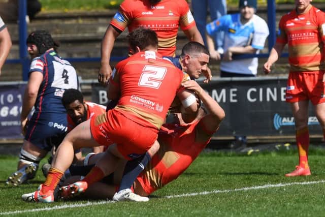 Going over: Doncaster Knights' Paul Jarvis scores his side's opening try. Picture: Jonathan Gawthorpe