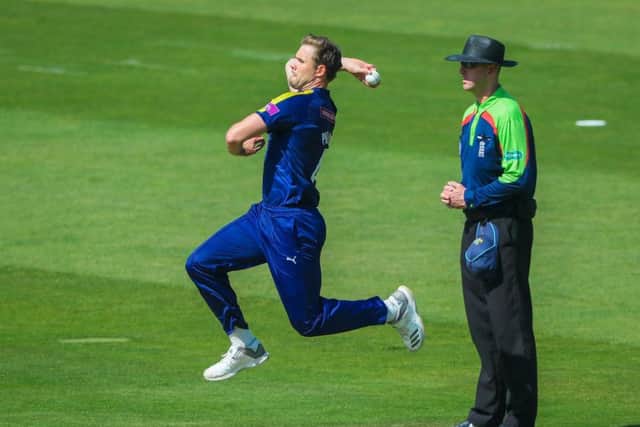 Yorkshire's Mathew Pillans bowls in the Royal London Cup defeat to Lancashire at Headingley. Picture by Alex Whitehead/SWpix.com