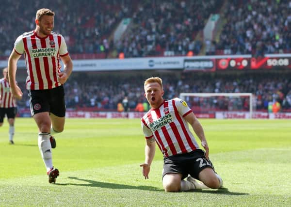Mark Duffy celebrates scoring the opening goal of the game against Nottingham Forest at Bramall Lane. Picture: James Wilson/Sportimage