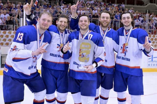 WE'LL MEET AGAIN: Sheffield Steelers' Davey Phillips, Jonathan Phillips, Robert Dowd and Ben O'Connor celebrate last year's stunning gold medal success in Hungary with former team-mate Liam Kirk. Picture: Dean Woolley.