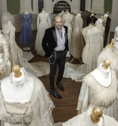 Model Andy Boocock plays modern-day bridegroom with some of the wedding gowns from the Pump Room Museum exhibition in Harrogate. Gary Lawson Photography