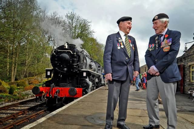 Veterans Ken Cooke and Ken Smith from the York Normandy Veterans on the Keighley and Worth Valley Railway.  Picture: Tony Johnson.