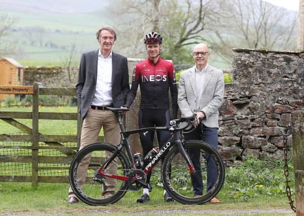 Ineos owner Sir Jim Ratcliffe with former Tour de France winner Chris Froome and cycling supremo Sir Dave Railsford (right) at the launch of the Tour de Yorkshire.