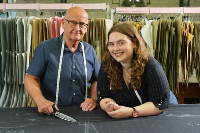 Cutter Samantha Fenwick with mentor Dave Jackson at Carl Stuart Tailors in Ossett.
 
Picture Bruce Rollinson