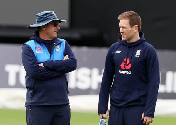 England coach Trevor Bayliss (left) and captain Eoin Morgan during a nets session at The Village, Malahide.