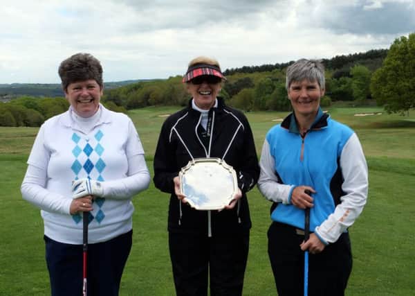 Yorkshire Veteran Ladies Golf Association 2019 champion Karen Jobling (Richmond), right, with runner-up Sandra Paul (Huddersfield), left and YVLGA president Jo Somers, of Alwoodley (Picture: Chris Stratford).