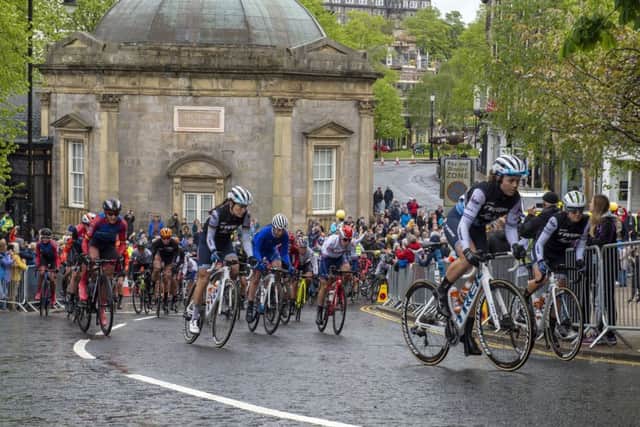 Pedal power: Lizzie Deignan, centre, races with the peloton up from the Harrogate Pump Room on the 2019 World Championship loop during yesterdays first stage of the womens Tour de Yorkshire.  (Picture: Bruce Rollinson)