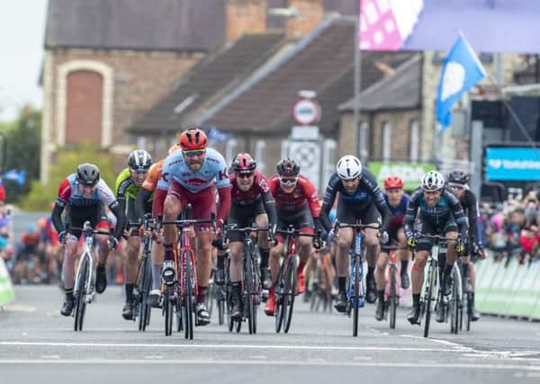 Team Katusha Alpecin's Rik Zabel wins the sprint finish to claim victory in stage two of the Tour de Yorkshire from Barnsley to Bedale (Picture: Bruce Rollinson).
