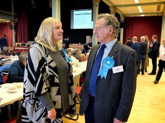 Conservative Cllrs Helen Mallory and John Nock discus the events at the local election count at the Scarborough Spa. pic Richard Ponter