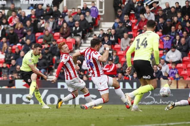 Enda Stevens scores Sheffield United's second goal and second equaliser against Stoke City (Picture: Simon Bellis/Sportimage).
