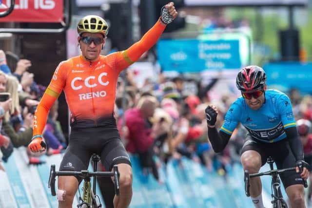 Lawless is seen punching the air  after knowing his second-place finish behind Greg Van Avermaet was enough to seal the win. (Picture: Bruce Rollinson)