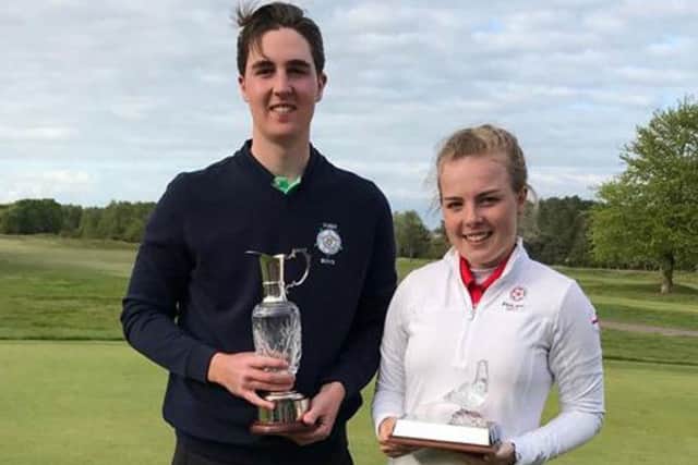 Lindrick's Callum Macfie with Whitley Bay's Rosie Belsham, respective boys' and girls' champions in the Fairhaven Trophy.