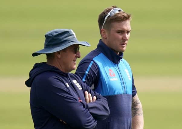 England's Jason Roy (right) chats with head coach Trevor Bayliss (left) during the nets session at The Kia Oval.