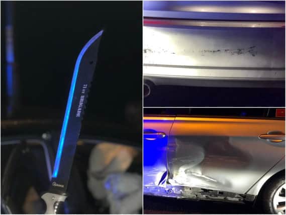 Left: The knife Top and Bottom Right: Damage done to the car.
