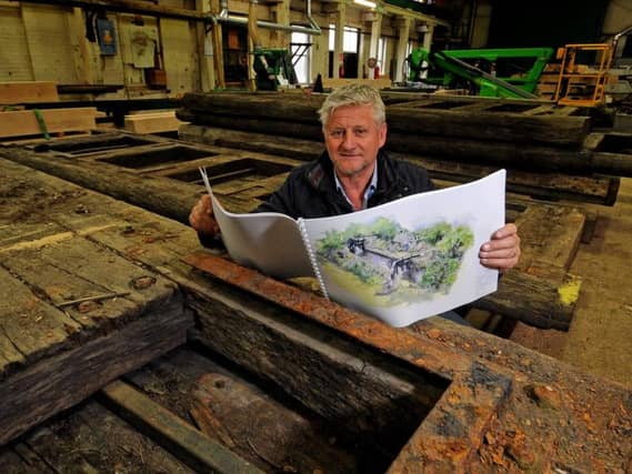 Mark Gregory, 2019 Welcome to Yorkshire RHS Chelsea Garden Designer, with his plans and genuine Yorkshire canal lock gates donated by Canal & River Trust which will be the main feature of Welcome to Yorkshires 2019 RHS Chelsea show garden. Picture by Tony Johnson.