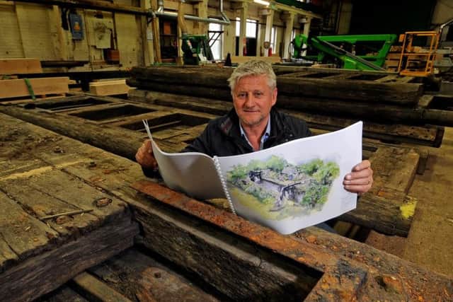 Mark Gregory, 2019 Welcome to Yorkshire RHS Chelsea Garden Designer, with his plans and genuine Yorkshire canal lock gates donated by Canal & River Trust which will be the main feature of Welcome to Yorkshires 2019 RHS Chelsea show garden. Picture by Tony Johnson.
