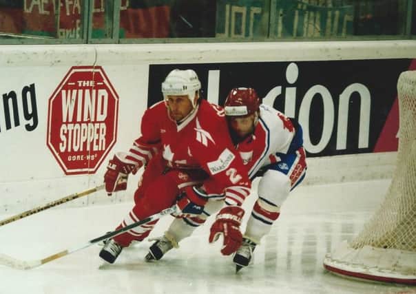 Action from Great Britain v canada at the 1994 World Championships in Bolzano, the Canadians winning 8-2. Picture courtesy of HIHA.