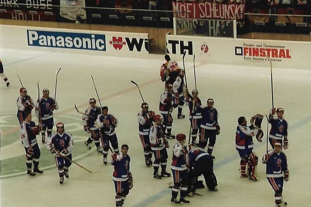 Great Britain's players acknowledge the travelling support following a heavy loss in Bolzano at the 1994 World Championships. Picture courtesy of Mimi Quarta.