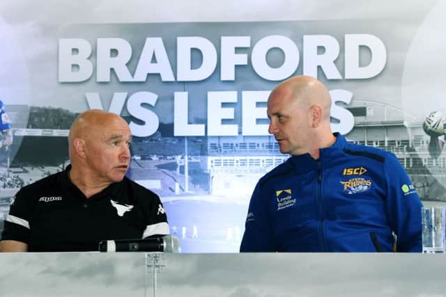 Head coaches John Kear, left, and Richard Agar, pictured at Odsal yesterday.
 Picture: Jonathan Gawthorpe