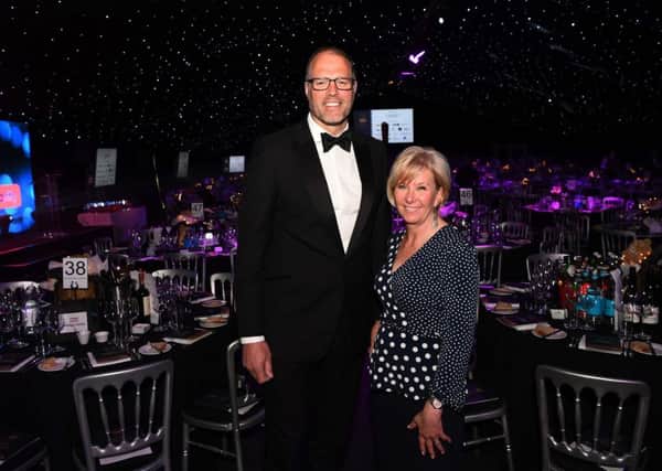 Yorkshire Property Awards at Rudding Park Hotel, Harrogate.
Pictured  chair of Variety Yorkshire Elaine Owen and compere Martin Bayfield.
9th May 2019.
Picture Jonathan Gawthorpe
