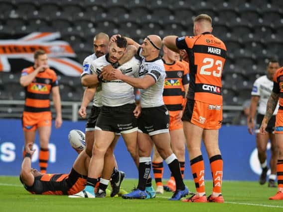 Hull's Jake Connor celebrates his try (PIC:BRUCE ROLLINSON)