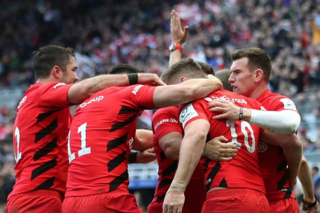 Saracens' Sean Maitland celebrates scoring his first try with teammates during the Champions Cup Final at St James' Park, (David Davies/PA Wire)