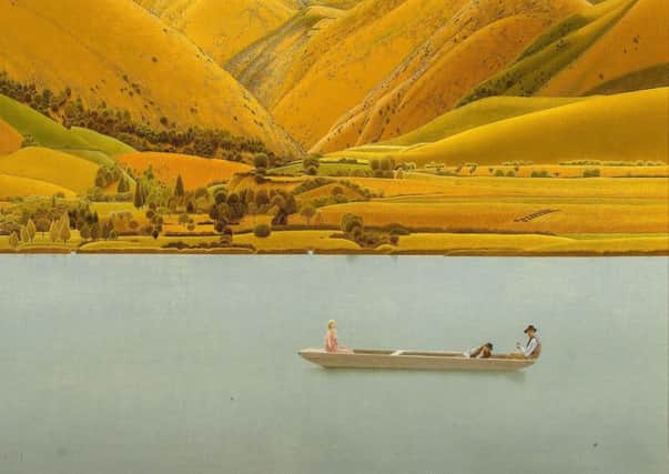 Winifred Knights Edge of Abruzzi: Boat with Three People on a Lake on display in Leeds. © The Artist's Estate, Courtesy of Liss Llewellyn.